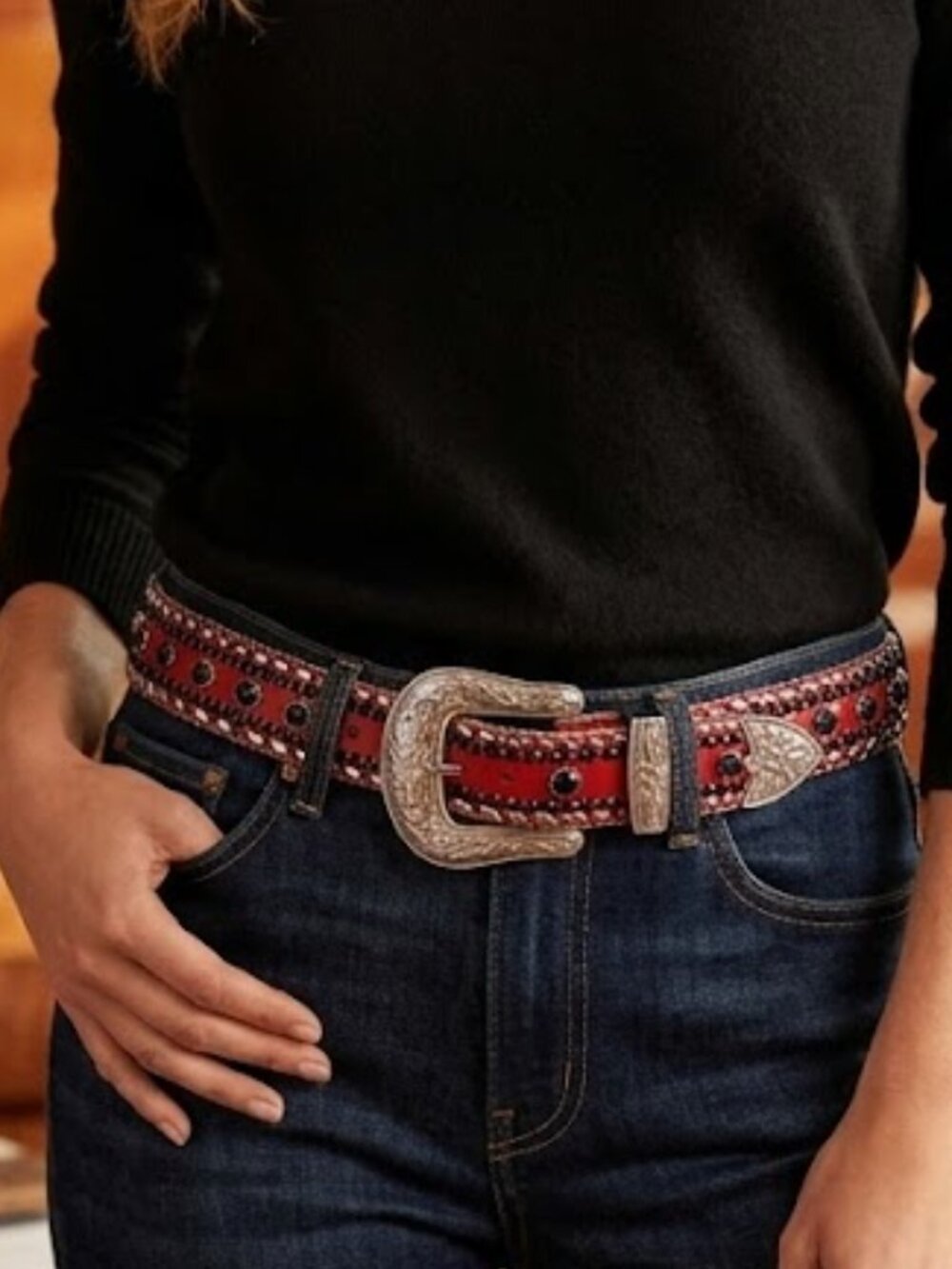 Kippys Red Leather Western Belt with Ornate Silver Buckle S/M